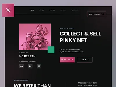 Pinkaz | NFT Landing page abstrack art bitcoin black branding clean crypto design illustration landing page minimal nft ui ui design uidesign ux web web design webdesign website