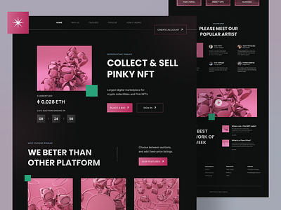 Pinkaz | NFT Landing page abstrack art bitcoin black branding clean crypto design illustration landing page minimal nft ui ui design uidesign ux web web design webdesign website