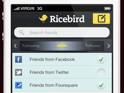 Ricebird / Invite friends check friends list ricebird search slider social ui