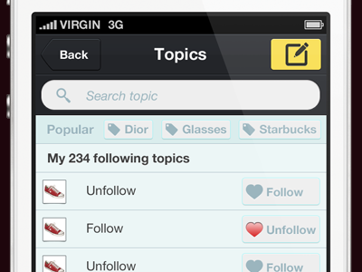 Ricebird / Topics app follow iphone list social tag topic ui