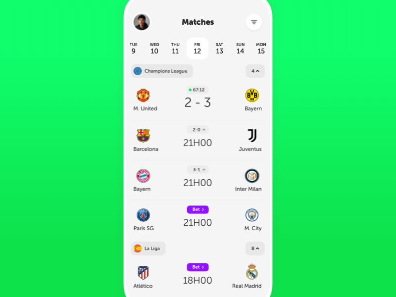 Matches page animation - Ranking app animation app app design calendar football interaction list matches mobile product design ui ux