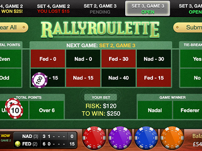 Rally Roulette - In-Play Tennis Betting bet betting casino chips igaming ipad iphone mobile roulette tablet tennis