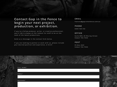 Contact page design for Gap in the Fence black and white branding contact contact form contact page contact us design production text field texture ui ui design ux website design