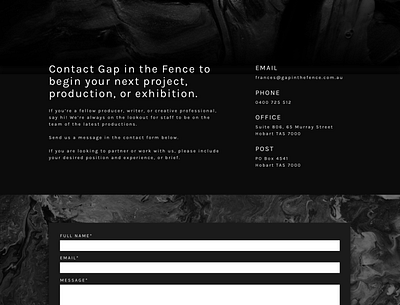 Contact page design for Gap in the Fence black and white branding contact contact form contact page contact us design production text field texture ui ui design ux website design