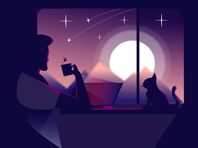 illustration of drinking coffee at dawn