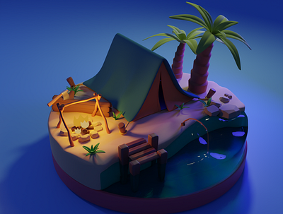 Camping on the Isolated Beach 3D Stylized 3d animation motion graphics