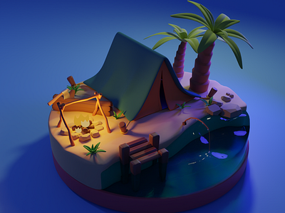 Camping on the Isolated Beach 3D Stylized