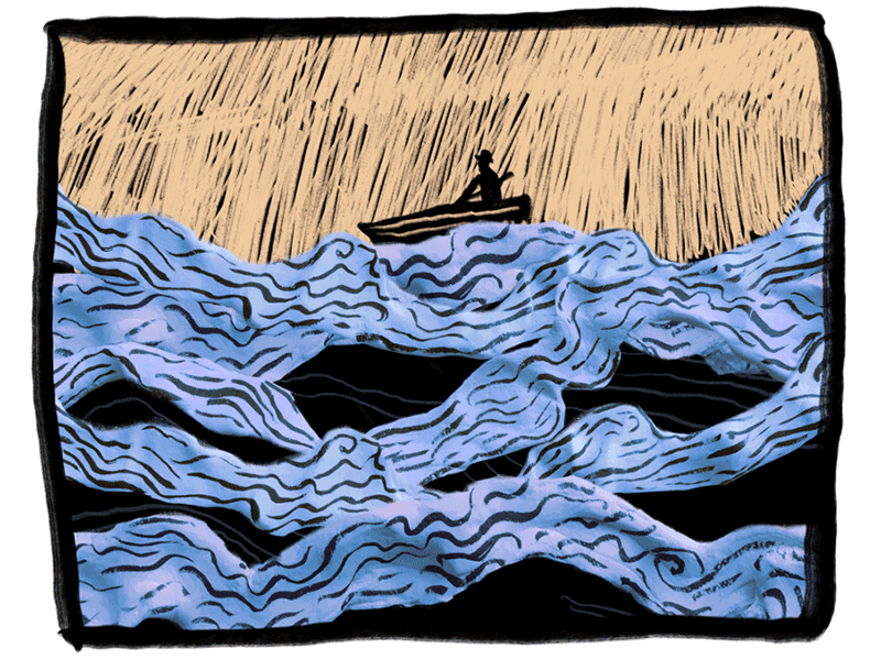 Choppy animation boat illustration mixed media ocean sea tide waves