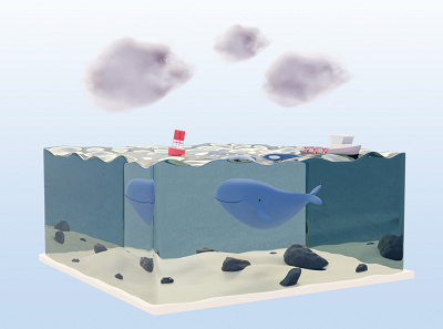 Finley the Whale 3d 3d art 3d ilustration blender blender 3d boat buoy clouds fishing boat illustraion isometric sea whale
