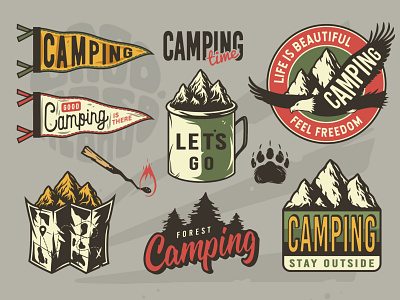 Camping label set art artwork branding camp camping design emblem forest graphic design illustration label logo nature print set travel traveler vector wanderlust