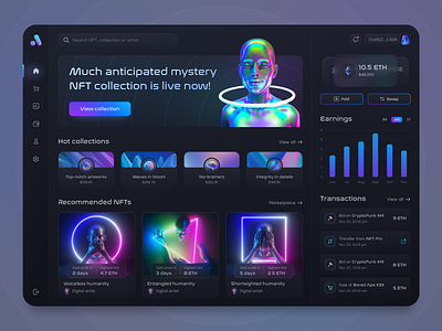 NFT Auction & Marketplace app blockchain card chart crypto cryptocurrency dapp dark darkmode darktheme dashboard futuristic graph marketplace mobile mobileapp neon nft nonfungible token