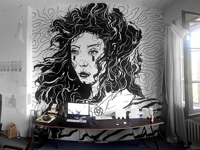 A girl in the office artwork black draw girl graphics hair illustration mural paint painting wall wallart