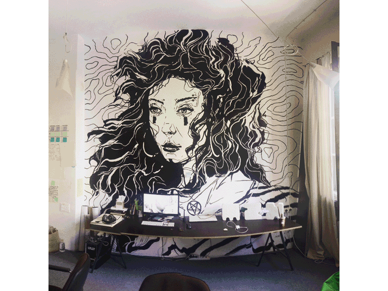 Office Girl process artwork black brush draw girl hair mural office paint wall wallart
