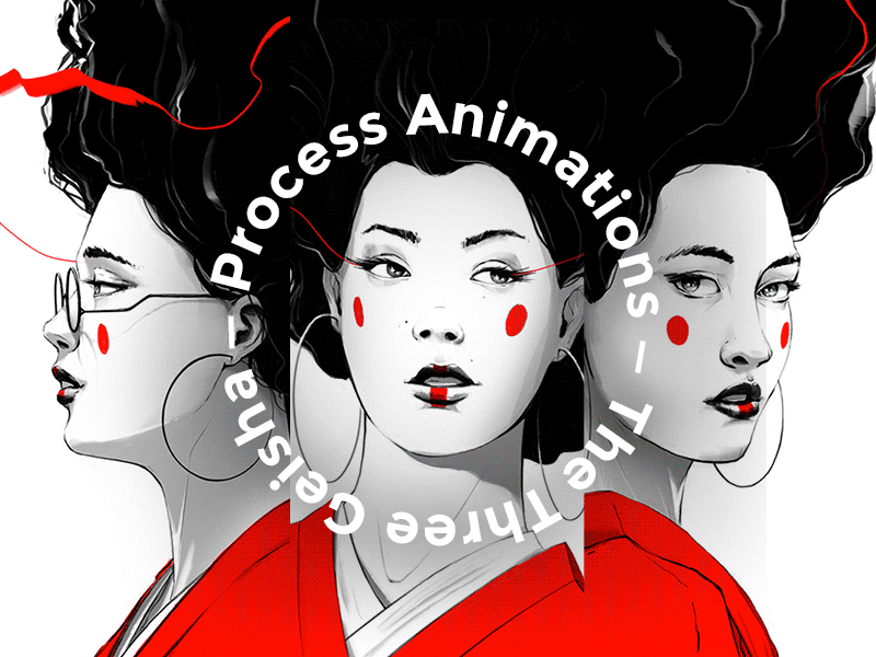 The Three Geisha process animations face female geisha girl hair illustration japan portrait series timelapse triptych