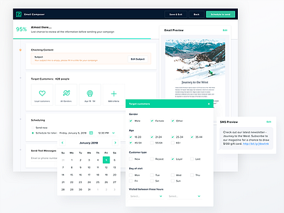 Email composer - confirm campaign step builder calendar composer content dashboard data sms target customer ux wysiwyg