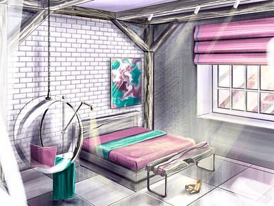 loft bedroom architectural drawing hand rendering illustration interior sketch procreate