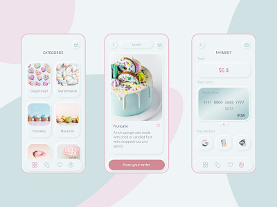 Sweets Mobile App app backery branding candy bar design illustration neumorphism pastel shop shoping skeuo ui ux yummy