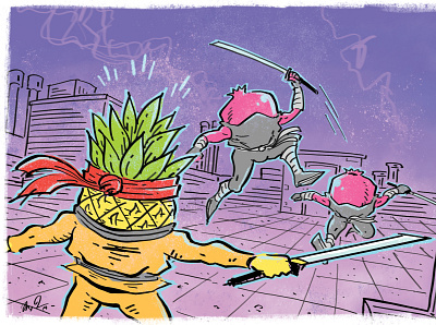 Poised Pineapple VS. Pomegranate Ninjas! cartoons comic art comics food art fruit goofy froot ninja pineapple pineapples pomegranate pomegranates procreate