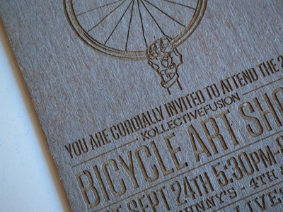 Laser-etched Art Show Invites art bicycle bobby dixon invites laser etch lettering show type typography