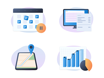 Illustrations for a SASS website analytics billing calendar empty state gradient graph icons illustration invoice live tracking map sass