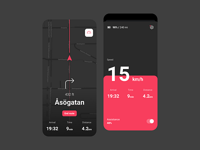 Cowboy E-bike App app application bicycle bike dark mode data design design app gps location mobile interface navigation speed speedometer stats ui ui ux ux