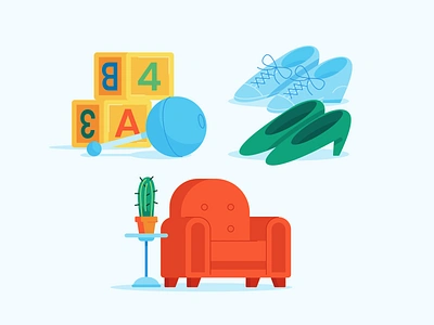 Illustration | Good Use Item Illustrations designer furniture illustration illustration agency illustration studio illustrator items mobile app mobile app illustration objects shoes toys vector illustration