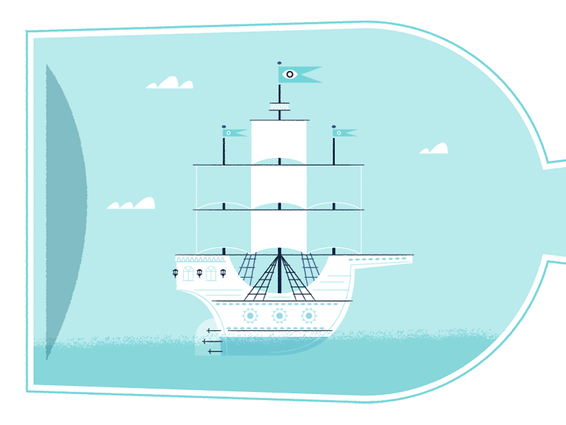 Illustration | "Ship in a Bottle" WIP blue boat bottle color design doodle fun illustration illustrator line work ship sky