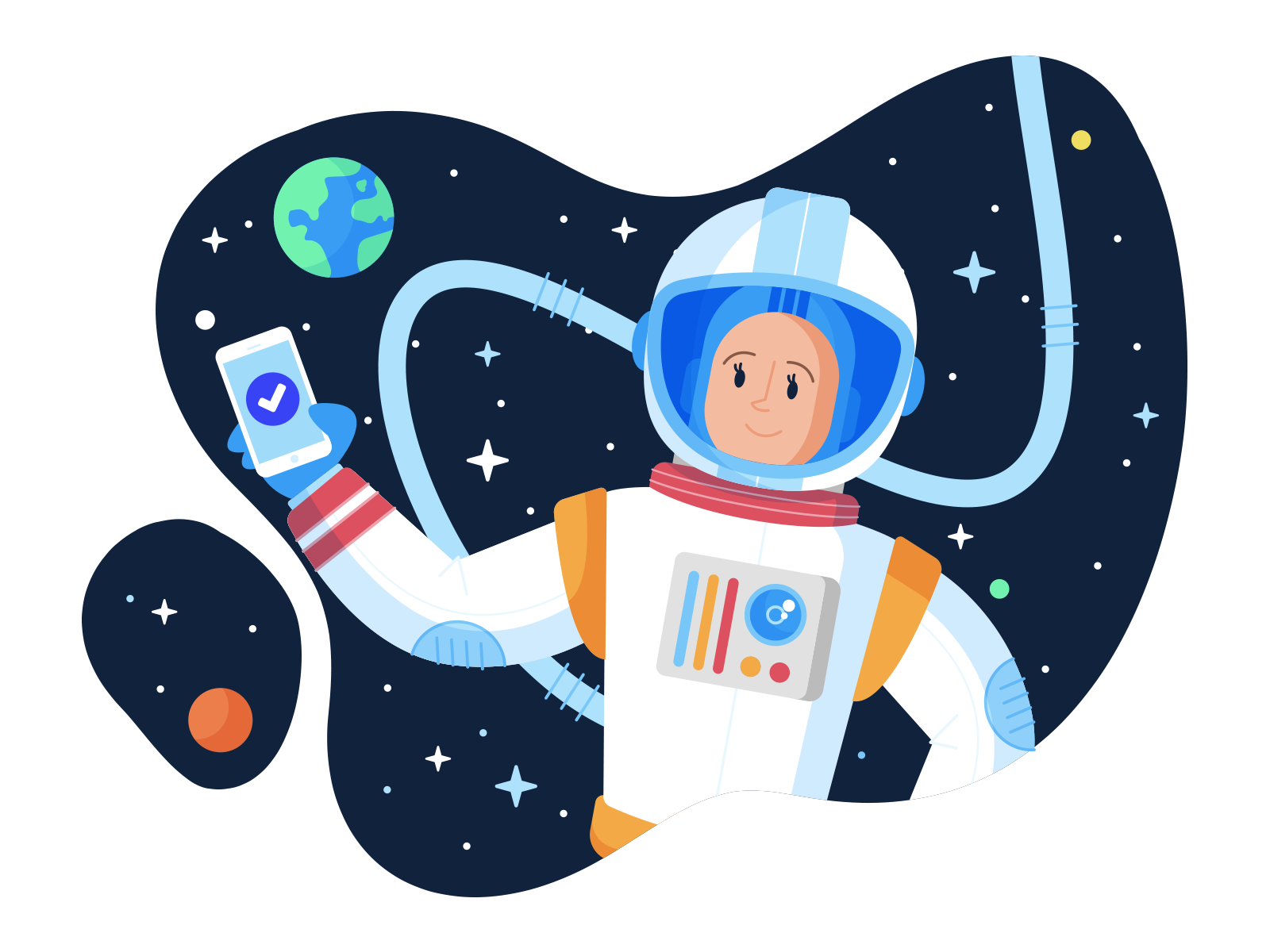 Illustration - "ScoreShuttle No.1" astronaut character credit design doodle drawing freelance fun illustration illustrator planets shuttle space style vector