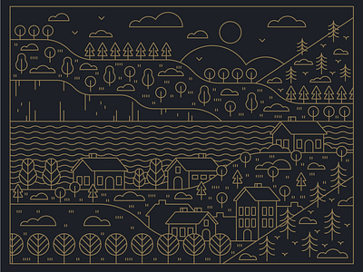 Illustration - Line Art Scene No.2 black buildings color design doodle exploration freelance gold illustration illustrator landscape line art lineart nature scene style town trees vector water