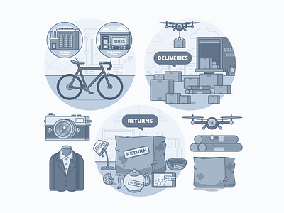 Illustration | "PayTouch Spot Illustrations No.2" bicycle boxes camera clothing color colorful design drones exploration freelance fun illustration illustrator leather packaging returns style suit tires vector