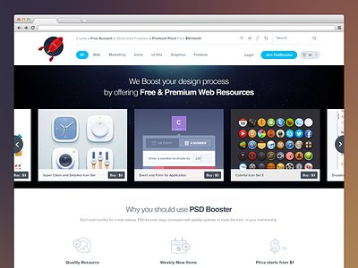 Psdbooster Homepage clean homepage design homepage layout layout modern style psd booster psd booster homepage vector based icons