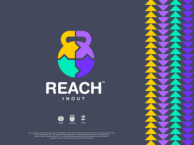 Reach In Out - Logo Design arrows brain brain health brainstorming brand identity brand identity design branding case study colorful logo dribbble best shot input inspiration kettle bell kettlebell logo logo logo design logotype designer motivation output typography