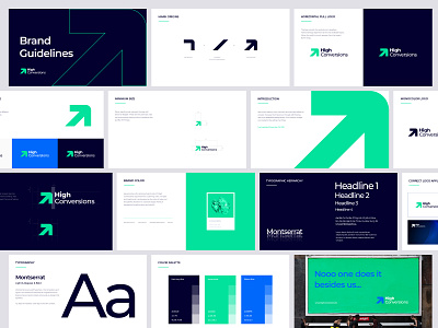 High Conversions - Brand Guidelines app icon arrow brand guide brand guidelines brand identity design brand manual brandbook branding color palette conversion guidelines illustration layout design logo logo design logomark mark strategy typography ui