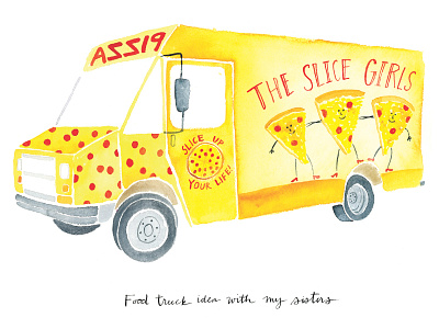 The Slice Girls color food truck humor orange pizza red slice watercolor yellow