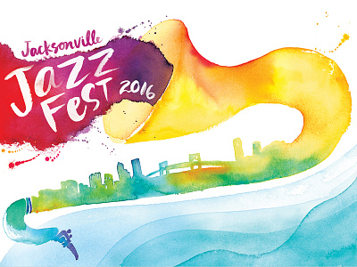 Jacksonville Jazz Fest color jacksonville jazz music paint painting river saxophone skyline type typography watercolor