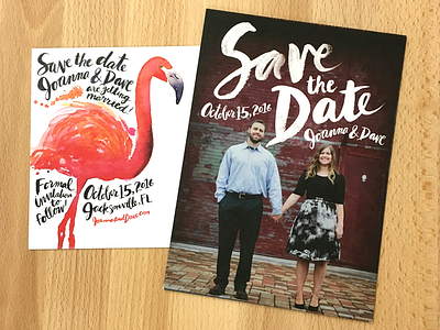 Wedding Save the Date bird flamingo florida hand lettered hand painted lettering pink postcard save the date splatters watercolor wedding