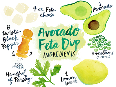 Avocado Feta Dip Ingredients avocado cooking dip feta guacamole illustration ingredients lemon pepper recipe watercolor