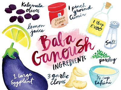 Baba Ganoush Ingredients babaganoush cooking dip eggplant illustration ingredients lemon olives recipe salt watercolor