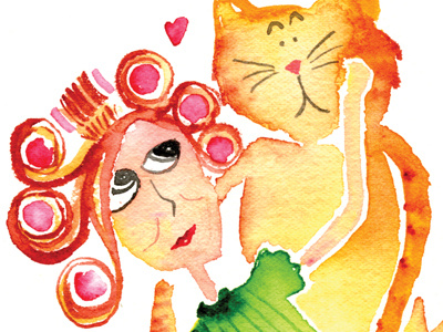 Cat Lady Love cat colorful colors curlers funny hand painted illustration watercolor woman