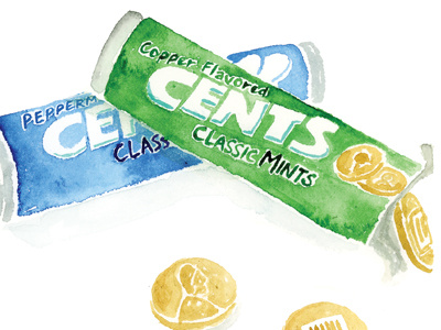 Cents Certs blue cents colorful colors funny green hand painted illustration money penny typography watercolor