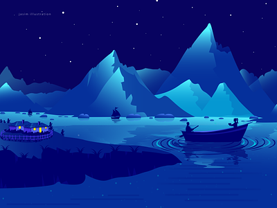 Couple On Boat At Night boat boyfriend couple girl illustration lake love mountains nature illustration perspective riverboat stars travel vacation house valentine valentines valentines day vector web illustration