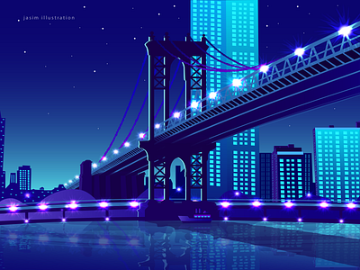 City and Bridge Illustration artwork bridge illustration bridges building illustration city at night city illustration decoration fiction flyover illustration lighting lights new york city riverside sky stars wallpaper web illustration