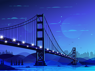 Golden Gate Bridge abstract bridge illustration bridges building illustration city at night city illustration design digital illustration golden gate golden gate bridge illustration landmarks lights mountains nature illustration river san francisco vector wallpaper web illustration