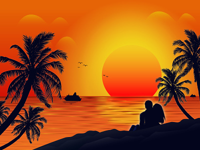 Beach Sunset - Illustration artwork beach digital art drawing fantasy art illustration illustrator love palm tree romance ship sunset sunset colors ui vector vector graphics