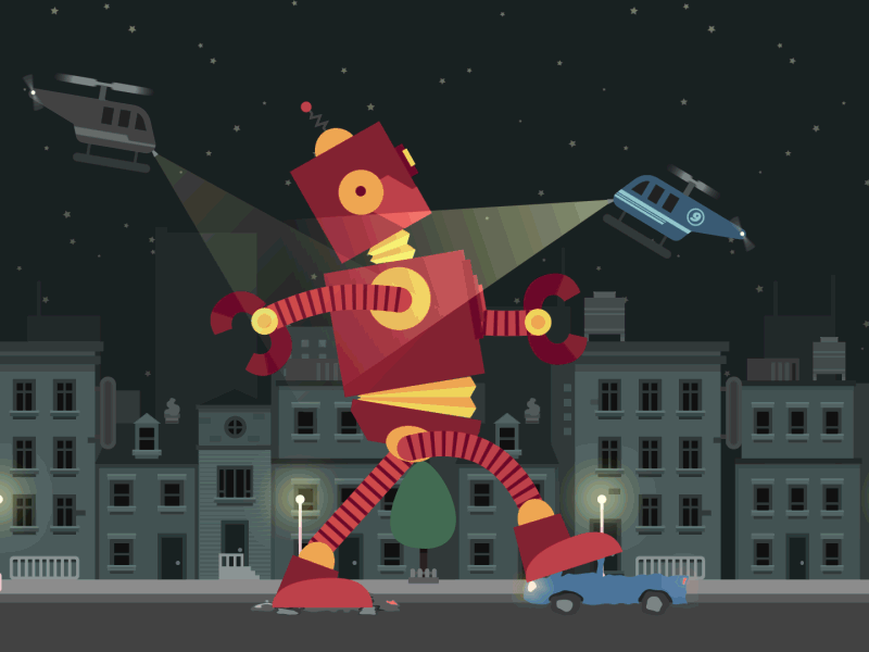 Robot Don't Care alien city cycle destruction robot stomp street walk