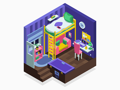 Isometry mystery room 2d 3d bedroom computer digital home house illustration illustrator isometric isometry qute room stayhome ufo ui vector workspace yellow