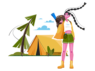 Hike girl 2d camping character digital face forest girl illustration line nature travel tree vector wind yellow