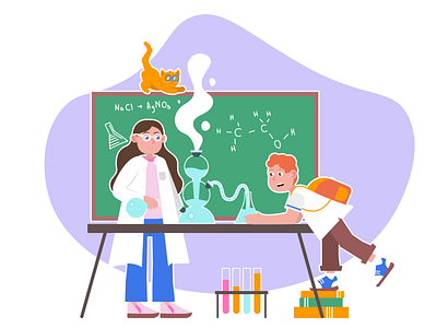 chemistry lesson 2d book cat character chemistry course design digital flat girl illustration illustrator lesson people school study ui vector white woman