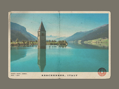 Postcard Experiment badge church design destination europe italy lake mountain postcard rinker stamp travel
