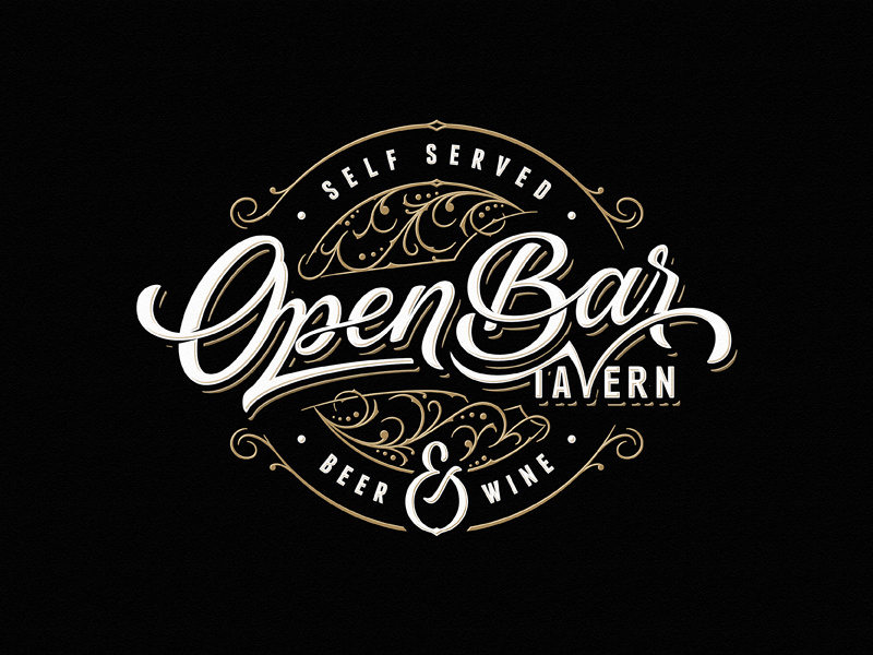 Open Bar Tavern wine beer tavern bar team sketch vintage drawing dalibass logo typography logotype custom hand-drawn lettering